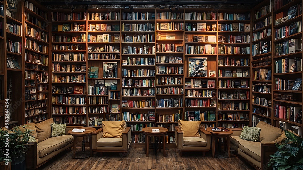 Obraz premium A cozy bookshop café with wooden shelves filled with books lining the walls, small wooden tables, and overstuffed armchairs. Soft,