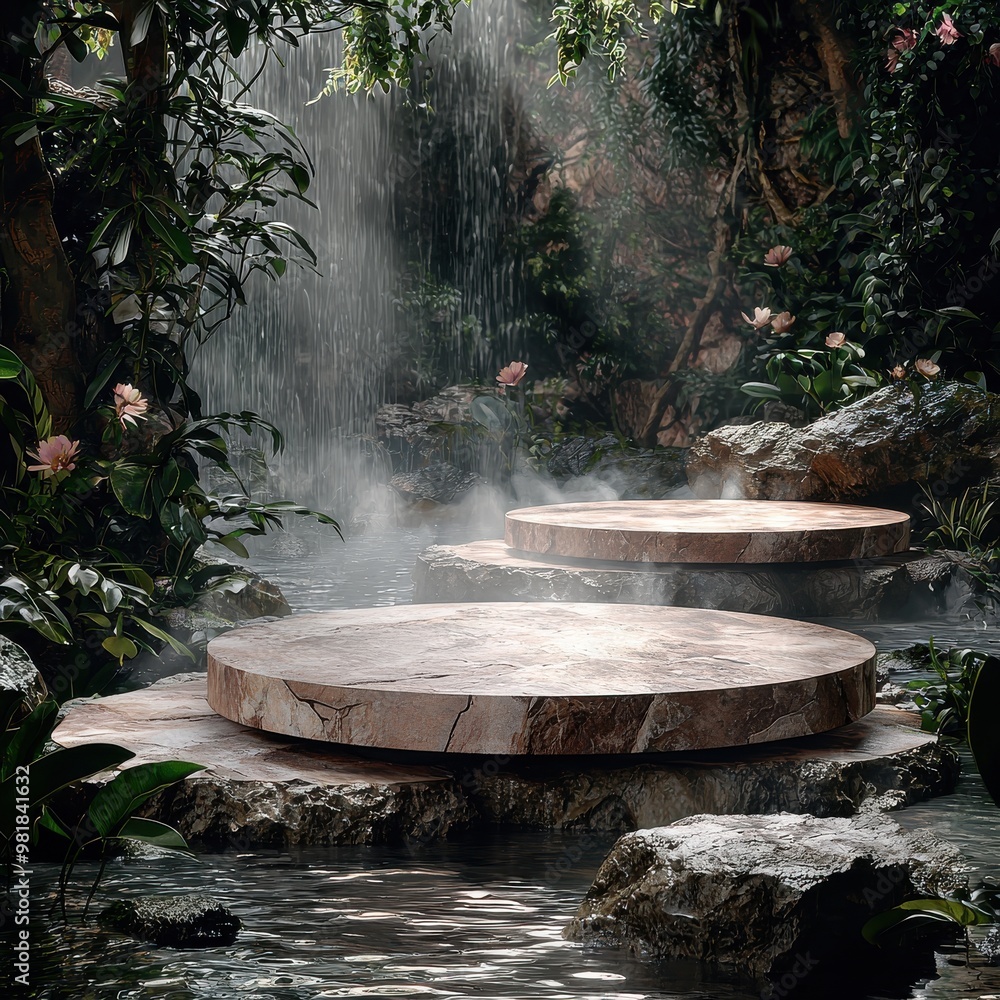 Lush tropical rainforest waterfall and stone steps leading to tranquil pond Lush tropical rainforest waterfall and stone steps leading to tranquil pond