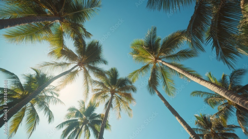 Obraz premium 102. High-quality slow-motion shot of tall palm trees swaying gently in the breeze, viewed from below with a clear blue sky as the backdrop, highlighting the serene tropical island atmosphere