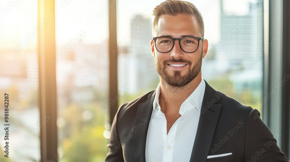 Confident Businessman Smiling by Window with City View Confident Businessman Smiling by Window with City View