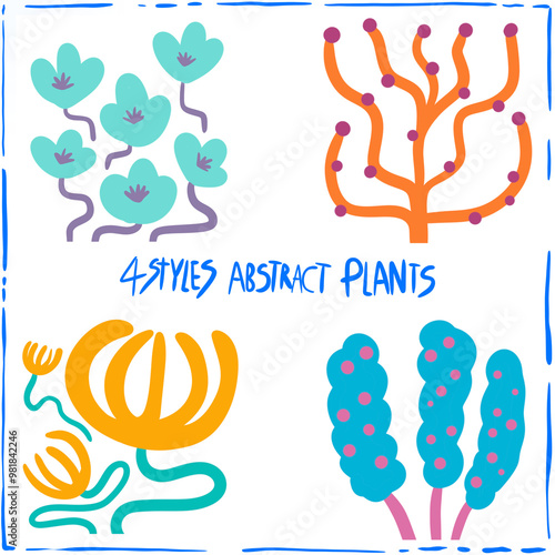 4 styles abstract plants using vibrant, warm tones.