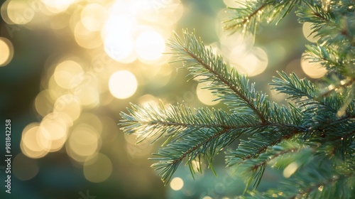 109. Bokeh effect of sun rays passing through spruce needles, with a soft blue sky backdrop, capturing the delicate beauty of a sunlit forest in summer