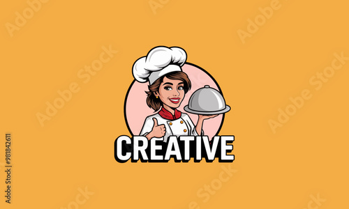 Chef woman in hijab presenting food, cartoon vector