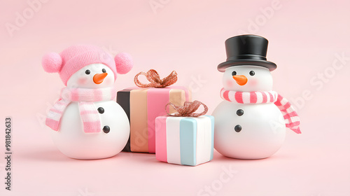 Charming Snowmen Figurines with Holiday Presents in a Soft Pastel Winter Setting