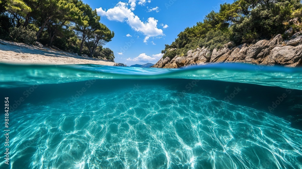 Fototapeta premium 123. Dome shot from the border of air and water, showcasing the crystal clear waters of Halkidiki, with underwater views of the sandy beach and above water views of rocky terrain and trees