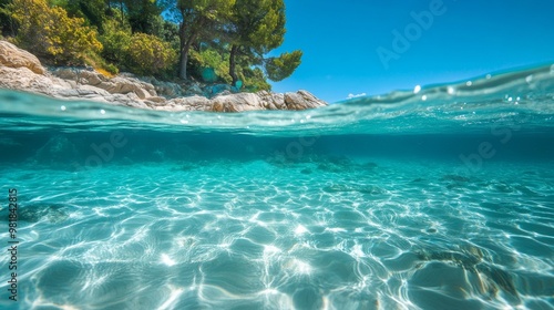 121. Half underwater shot capturing the crystal clear sea water of Sitonia, Halkidiki, with a sandy beach bottom and rocky shoreline dotted with trees, showing the beauty of the Greek coastline photo