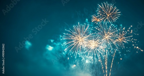 White fireworks on a blue sky, a fireworks display on a rooftop in the background, at night, the fireworks lighting up the dark, clear sky