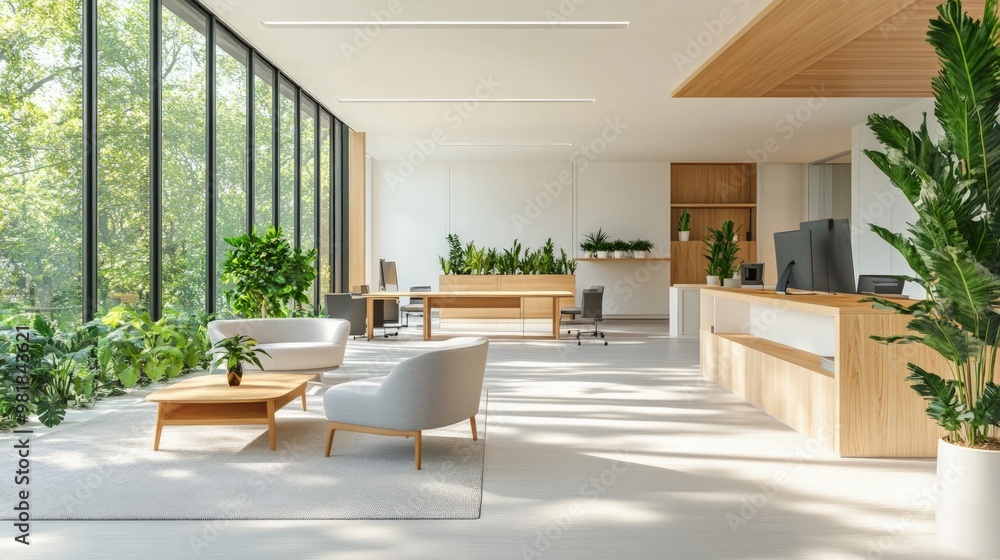 Fototapeta premium Bright open office with clean lines, stylish furniture, and a mix of private and collaborative spaces, natural wood accents and indoor plants