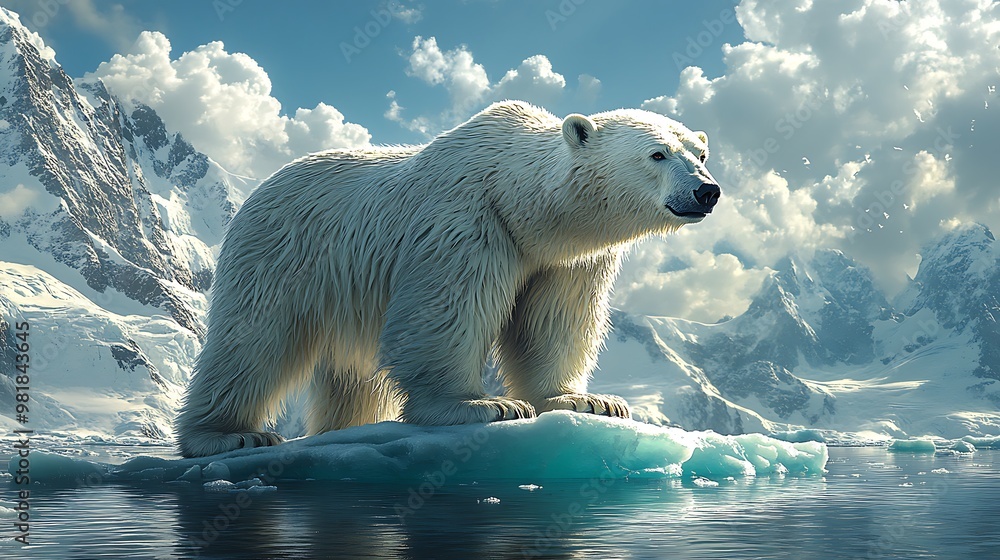 A majestic polar bear stands on a melting iceberg in the Arctic, with towering mountains and a cloudy sky in the background. A majestic polar bear stands on a melting iceberg in the Arctic, with towering mountains and a cloudy sky in the background.