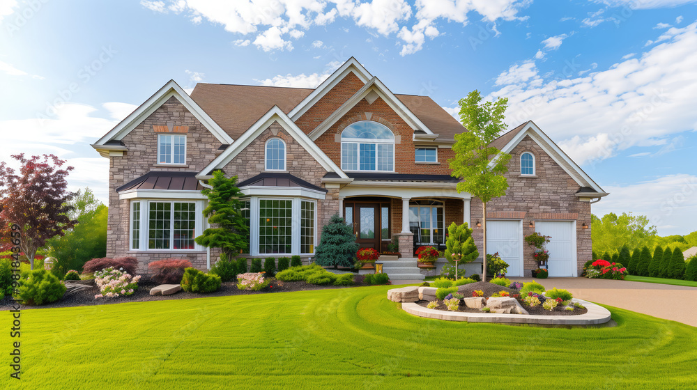 A charming suburban two-story house with a well-manicured lawn, vibrant landscaping, and a clear blue sky backdrop A charming suburban two-story house with a well-manicured lawn, vibrant landscaping, and a clear blue sky backdrop