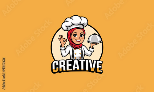 Chef woman in hijab presenting food, cartoon vector