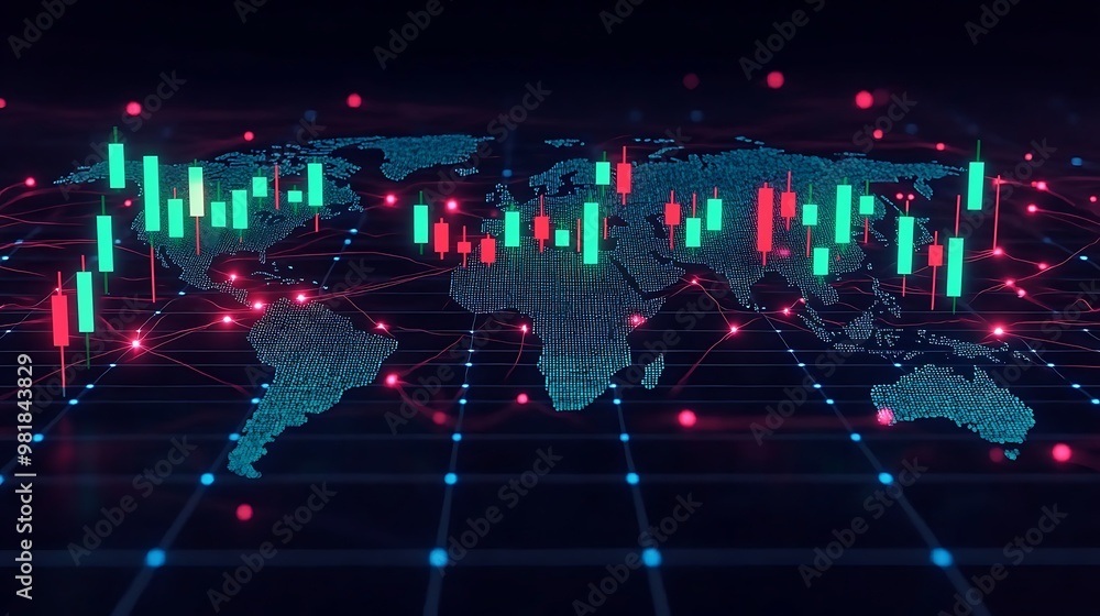 Obraz premium A decentralized digital market with alternating green and red candlesticks, projected over a grid-based world map, glowing nodes marking decentralized trading regions,