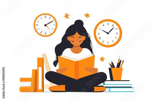  Reading a Book with Study Elements - A Calming Illustration Highlighting Time Management, Focus, and the Joy of Learning photo