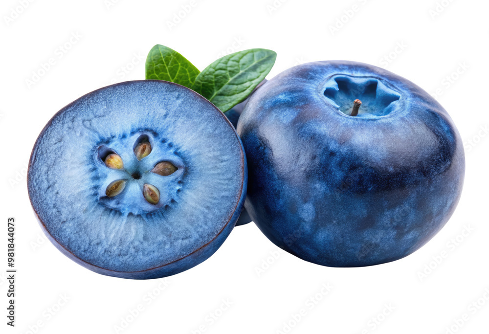 Obraz premium Two fresh blueberries with leaves isolated with transparent background.