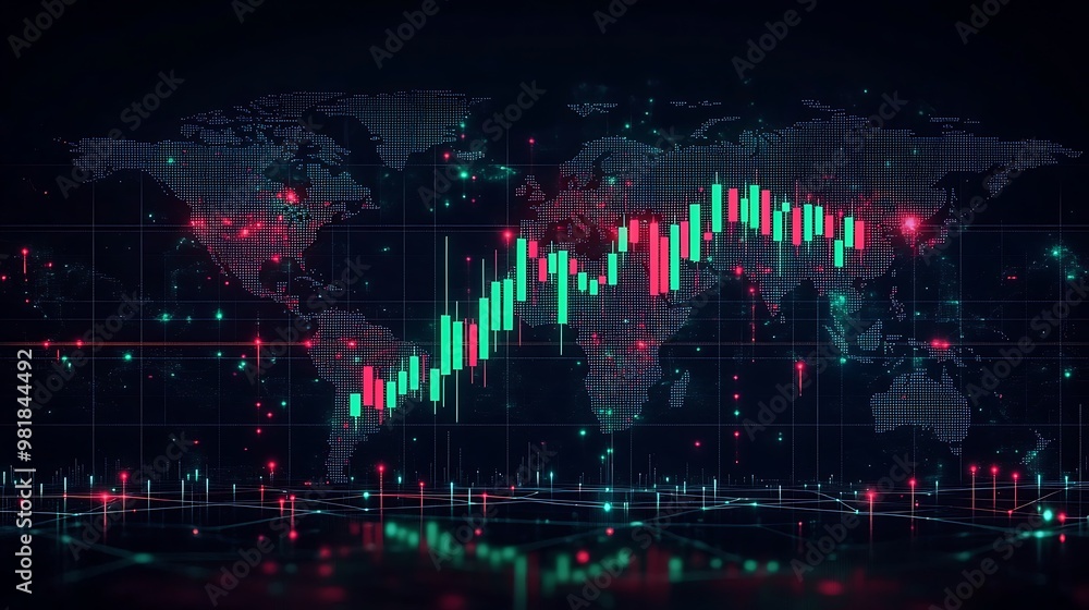 Fototapeta premium A dynamic candlestick chart with green and red bars alternating, projected on a dark world map with glowing gridlines, representing high volatility in cryptocurrency markets,