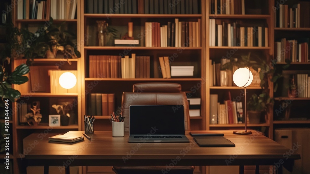 Home office with cozy decor, warm lighting, bookshelves, and a laptop on a minimalist desk, creating a calm and productive atmosphere Home office with cozy decor, warm lighting, bookshelves, and a laptop on a minimalist desk, creating a calm and productive atmosphere