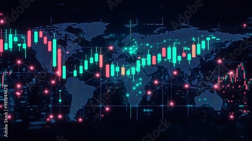 A dynamic candlestick chart with green and red bars, projected over a high-tech world map, time zones glowing with connected network lines, illuminated nodes showing cryptocurrency trades, photo