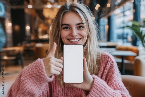 Smiling Woman Holding Phone with Blank Screen