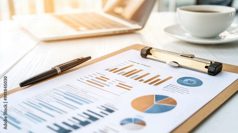 Business Data Analysis on Clipboard with Pen and Coffee Cup Business Data Analysis on Clipboard with Pen and Coffee Cup