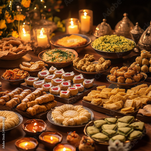 a table filled with traditional Diwali sweets like ladoos, barfis, and jalebis, along with savory snacks like samosas