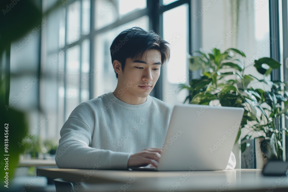 Fototapeta premium Young Asian businessman working on laptop at minimalist desk in modern office