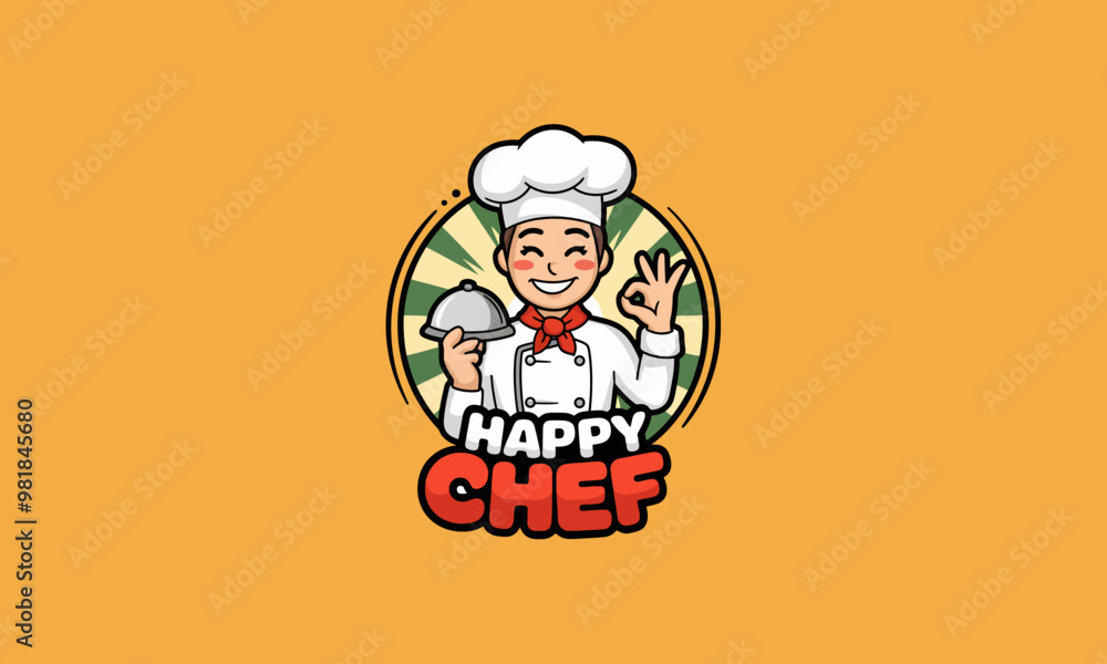 Happy chef holding food tray, cartoon logo vector. Happy chef holding food tray, cartoon logo vector.