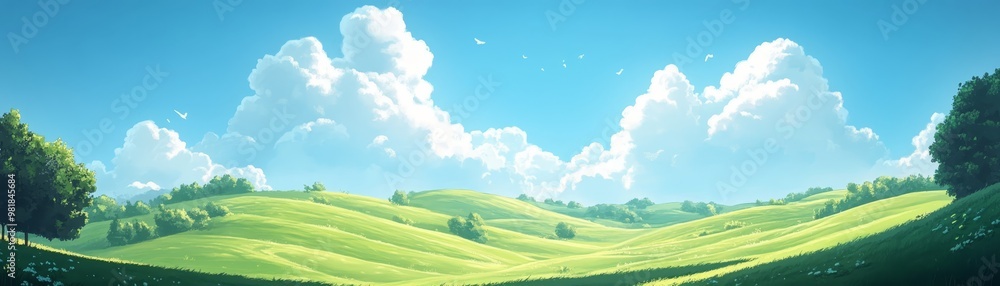 Rolling Green Hills and Blue Sky with Puffy Clouds Rolling Green Hills and Blue Sky with Puffy Clouds