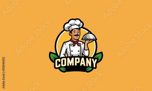 Happy chef holding food tray, cartoon logo vector.