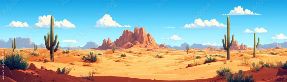 Fototapeta premium Arizona Desert Landscape with Saguaro Cacti and Mountains