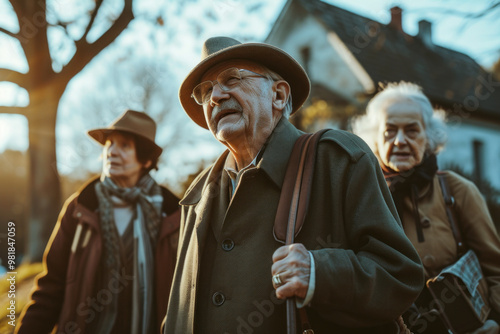 Group of elderly friends enjoying a leisurely walk in the neighborhood during the golden hour photo