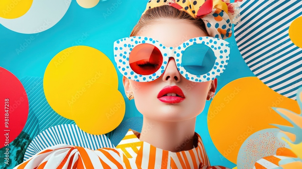 A vibrant portrait of a stylish woman wearing oversized, colorful sunglasses, standing against a background of bright geometric shapes and patterns, showcasing a playful and modern fashion