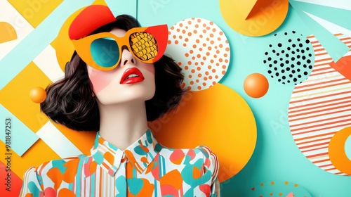 A stylish model poses against a vibrant, colorful background, showcasing bold sunglasses and a patterned shirt that embody a modern, playful fashion aesthetic.