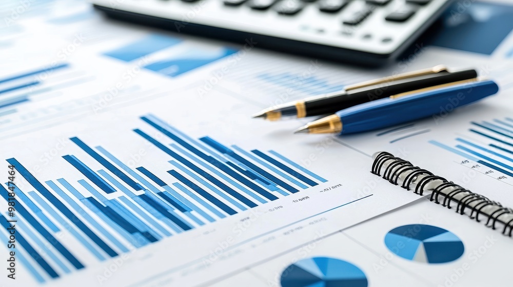 Financial Data Analysis Blue Bar Charts Pie Charts Pens and Notebook Financial Data Analysis Blue Bar Charts Pie Charts Pens and Notebook