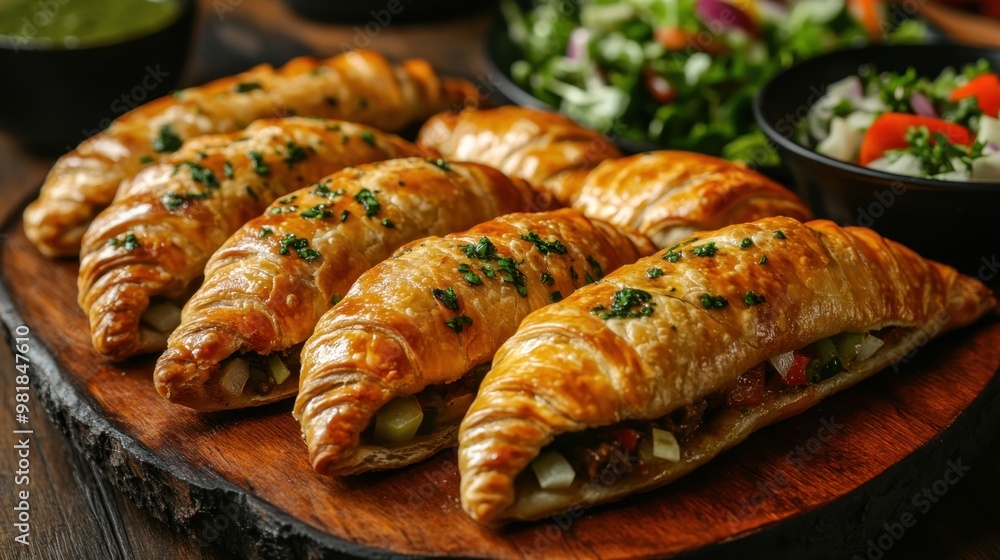 Delicious Golden Pastries on Wooden Platter Delicious Golden Pastries on Wooden Platter