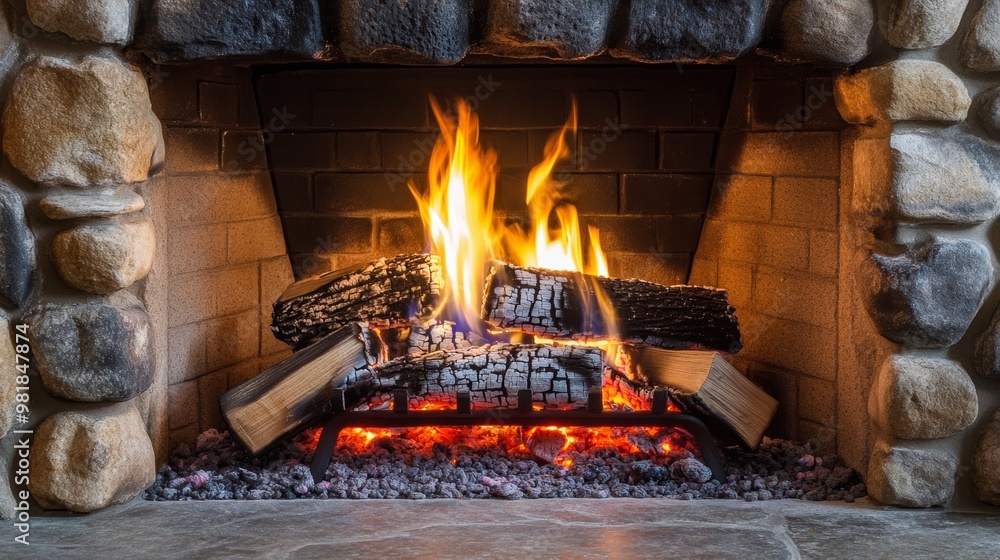 Cozy fireplace with burning logs in stone Cozy fireplace with burning logs in stone