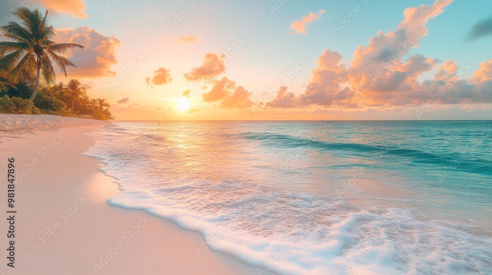 Tranquil Beach Scene at Sunset with Palm Trees and Rolling Waves Tranquil Beach Scene at Sunset with Palm Trees and Rolling Waves