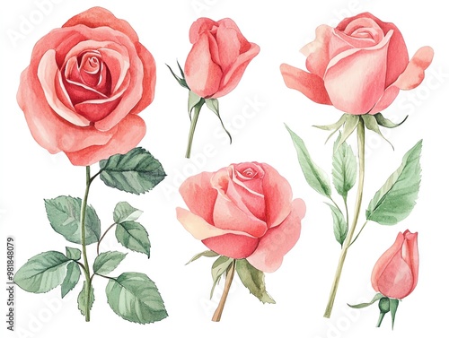 Watercolor rose clipart in various colors and angles