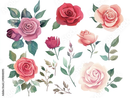 Watercolor rose clipart in various colors and angles