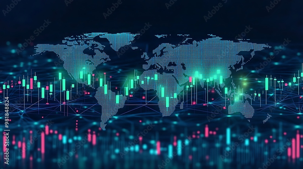 Fototapeta premium A sharp rise in green candlesticks on a bullish cryptocurrency chart, displayed over a vibrant blue world map with glowing financial hubs, network lines connecting markets, futuristic lighting,