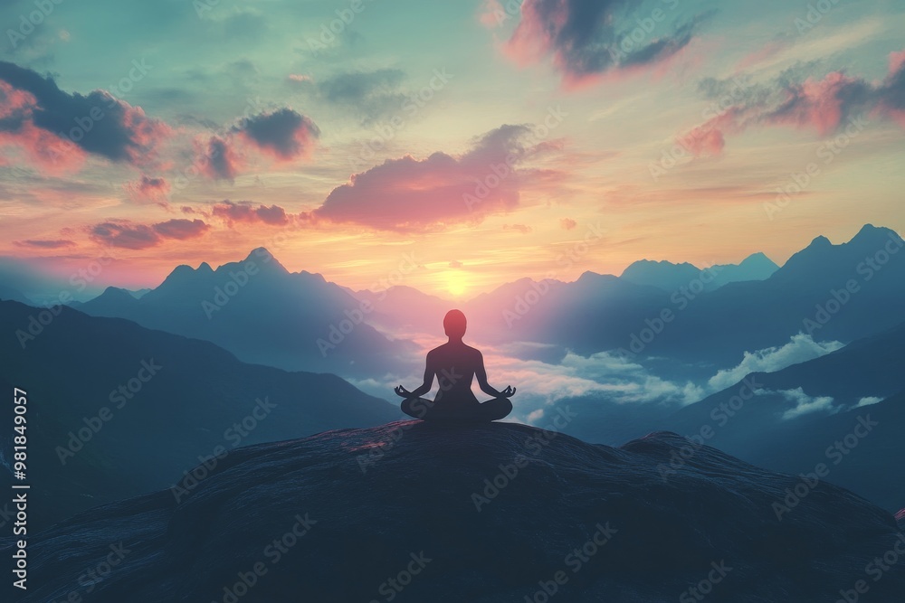 Silhouette of a Woman Meditating on Mountain Peak at Sunset Silhouette of a Woman Meditating on Mountain Peak at Sunset