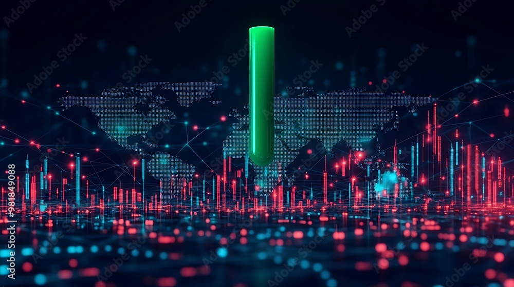 A sharp rising green candlestick towering over a digital world map, financial centers glowing brightly, network lines illustrating global market expansion, dynamic lighting effects, hd quality, A sharp rising green candlestick towering over a digital world map, financial centers glowing brightly, network lines illustrating global market expansion, dynamic lighting effects, hd quality,