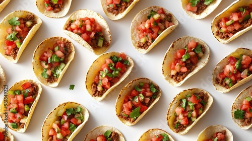 Overhead view of miniature tacos with meat, tomatoes, and cilantro on a white background.