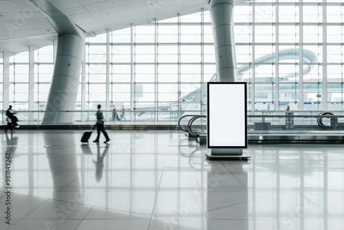 A white sign is on a wall in a large airport