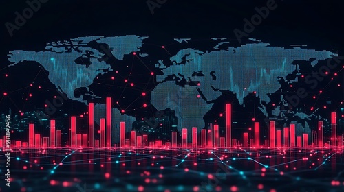 A steep fall in red candlesticks on a cryptocurrency chart, overlaid on a dark world map, glowing network lines connecting global markets, financial hubs flickering, photo