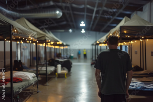 male standing alone in a vast emergency shelter with beds lined up under string lights.