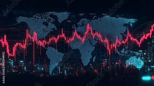 A steep fall in red candlesticks on a global cryptocurrency chart, displayed over a world map with flickering financial hubs and glowing lines connecting major cities, photo