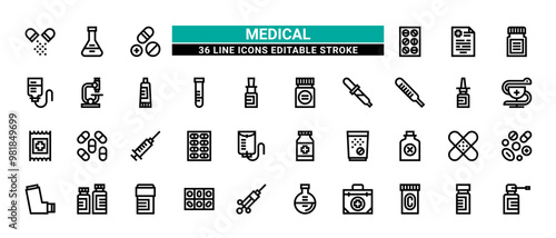36 Medical Line Icons Set Pack Editable Stroke Vector Illustration.