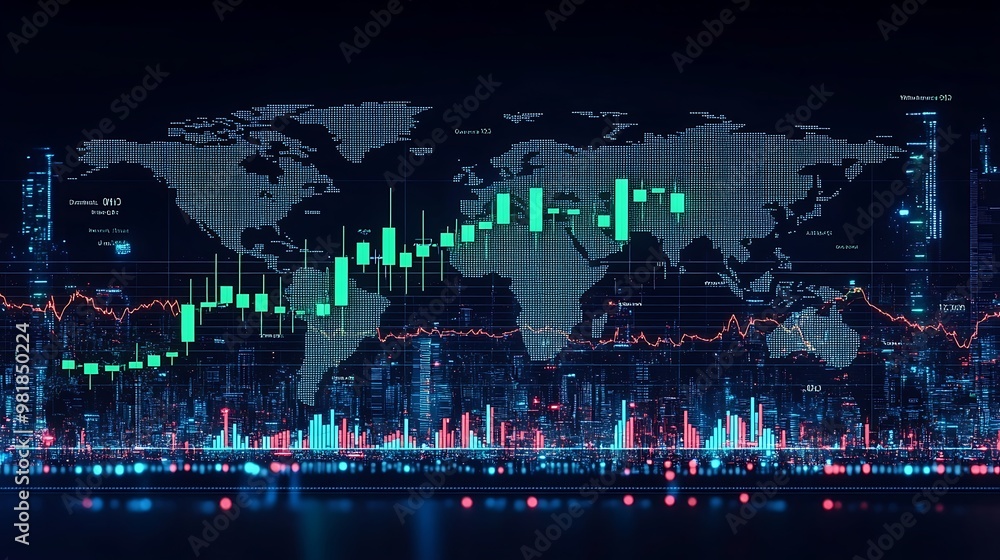 Obraz premium A vibrant cryptocurrency chart with green candlesticks rising steeply, set against a glowing world map, flashing crypto symbols marking regions of high trading activity, bright financial hubs,