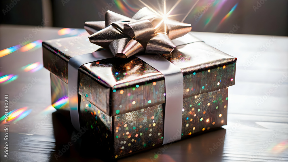 Fototapeta premium Flat Macro of Holographic Gift Box with Shiny Ribbon: Joy of Giving in Vibrant Colors for Christmas - Celebrating the Festive Spirit in Vector Illustration