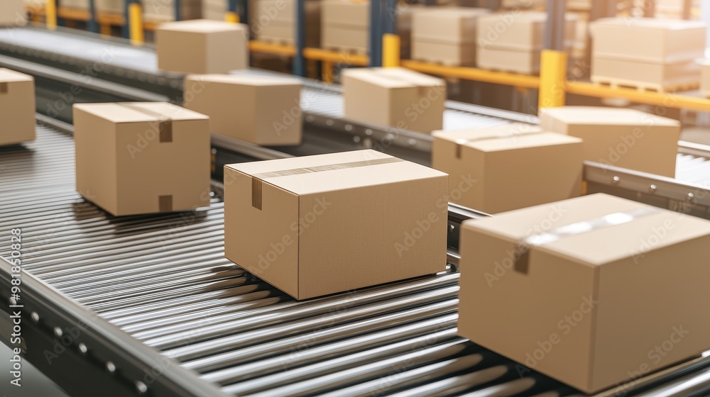 Cardboard Boxes Moving on Conveyor Belt in Warehouse Cardboard Boxes Moving on Conveyor Belt in Warehouse
